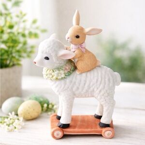 Vintage Schmid Gordon Fraser Bunny Riding Lamb Easter Porcelain Figurine 1984